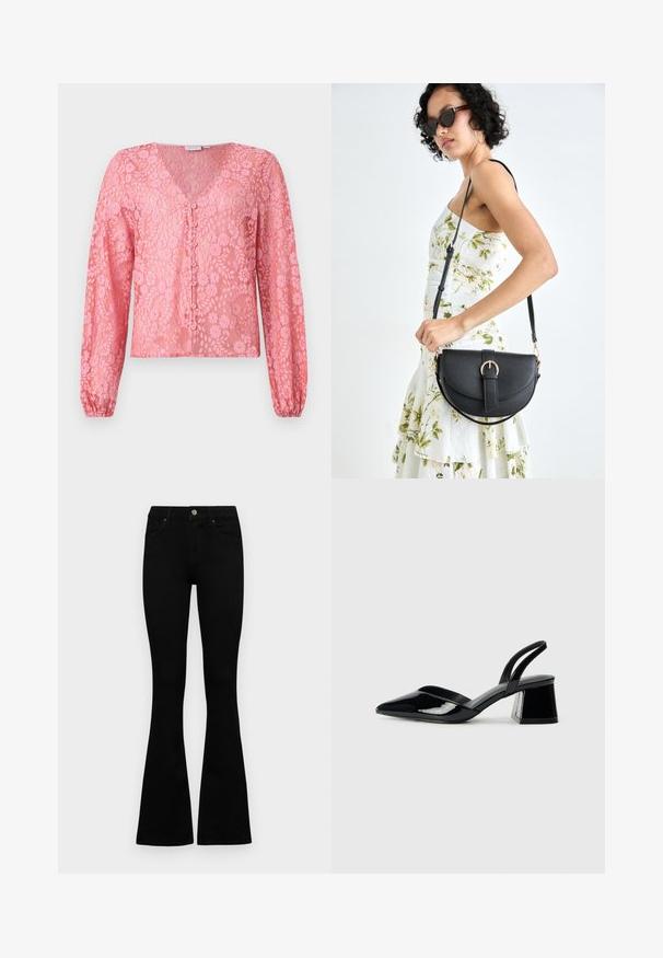 Lyserød blondebluse med lange ærmer, dyb V-udskæring og knaplukning foran. Blomstermønsteret og den teksturerede stof giver et delikat udseende.; Sorte højtaljede jeans med knap- og lynlåslukning, forlommer og flagrende ben, lagt fladt på en hvid baggrund.; Sorte patentlæder slingback hæle med spids tå og en geometrisk blok hæl. Har et elegant, minimalistisk design og en glat tekstur.; Sort læderhåndtaske med en buet form, aftagelig rem og guldfinish. Tasken har en klap med en spænde detalje.