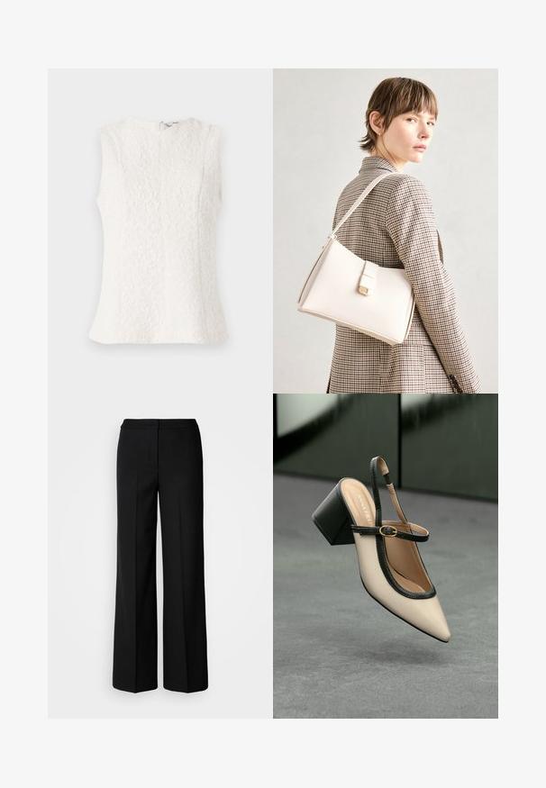 Fehér ujjatlan felső, amely texturált szövetből készült, virágminta díszítéssel; hátsó cipzárral és enyhén bővülő aljjal rendelkezik.; Fekete, széles szárú nadrág sima anyagból, magas derekú, üzemben készült varrásokkal és minimalista dizájnnal. Nincsenek látható fémrészek vagy zsebek.; Beige, hegyes orrú, pántos cipő fekete díszítéssel, arany csattal és vastag blokk sarokkal, szürke padlón, sötétzöld háttér előtt.; Fehér bőr táska strukturált dizájnnal, mágneses záródással és vállpánttal, semleges háttér előtt bemutatva.