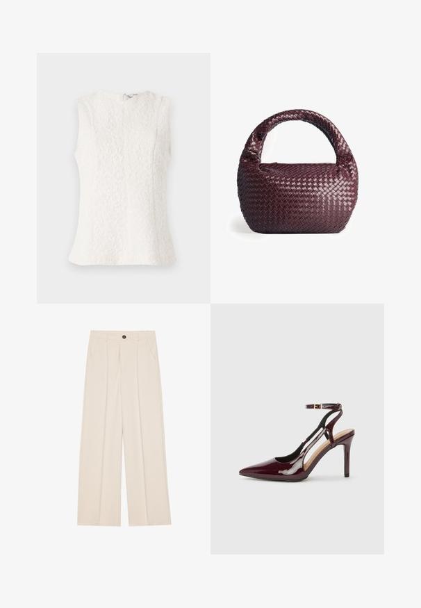 Witte mouwloze top van gestructureerde stof met bloemenpatroon; heeft een ritssluiting op de rug en een licht uitlopende zoom.; Hoge taille, wijde pijpen broek van crèmekleurige stof, met twee zijzakken, een enkele knoop aan de voorkant en geplooide details aan de voorkant.; Bordeaux patentleren hoge hak schoenen met een spitse neus, enkelbandje en uitsnijdingen aan de zijkanten. Strakke en glanzende afwerking.; Geweven bordeauxrood handtas met een ronde vorm, dikke handgreep en gestructureerd leer. Heeft een gladde, glanzende afwerking en een ritsluiting.