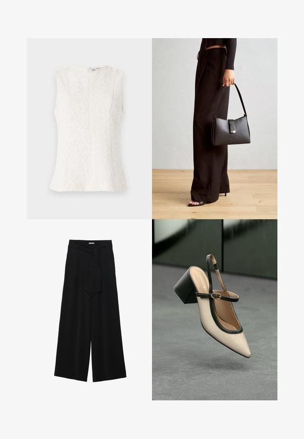 Baltā bezpiedurkņu blūze, izgatavota no faktūrēta auduma ar ziedu rakstu; tai ir aizmugurējais rāvējslēdzis un nedaudz izplestais apakšmala.; Melni platleņķa bikses ar teksturētu audumu, elastīgu jostu un noņemamu siksnu viduklī, kas nodrošina regulējamu piegulšanu.; Beige smailā purngalā siksnu kurpe ar melnu akcentu, zelta sprādzi un masīvu bloku papēdi uz pelēka grīdas ar tumši zaļu fonu.; Melnā somiņa ar strukturētu formu, gludu tekstūru un metālu sprādzi. Saskaņota ar platām melnām biksēm un sandālēm ar atvērtu purngalu uz koka grīdas.