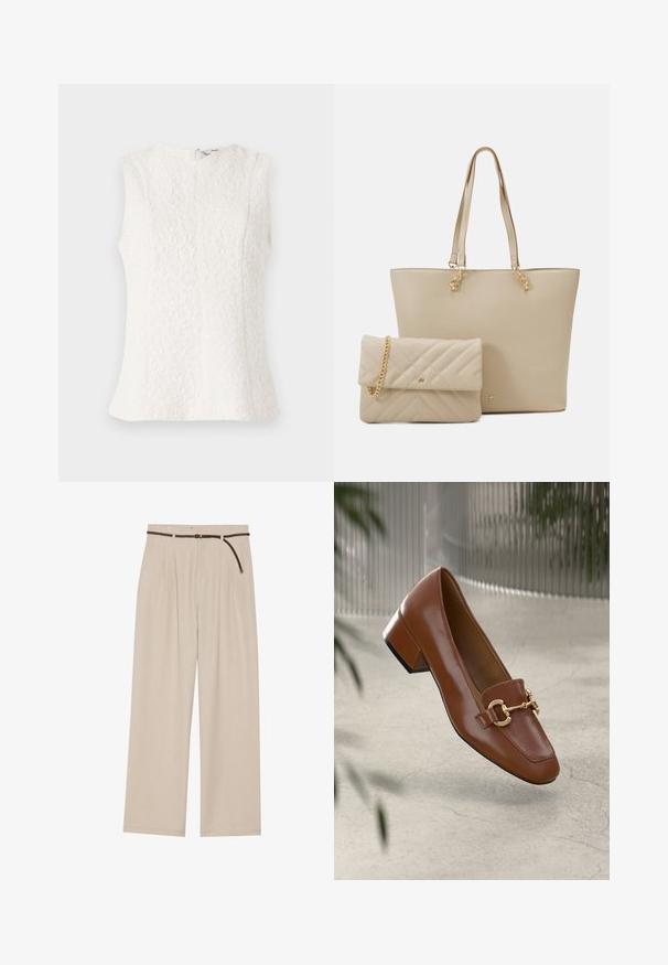 Valge ilma varrukateta top, millel on tekstuuriga kanga ja lillemuster; varustatud taga oleva tõmblukuga ja veidi laieneva alläärega.; Kreemjad laiad püksid voldikute ja kerge kangaga, elastse pruuni vöö ning sirge äärisega.; Pruunist lakknahast loafer, millel on ruudukujuline varvas, metallist ahel kaunistus ja madal plokkkonts; sile tekstuur, minimalistlik disain.; Beesum kott, millel on lamedad käepidemed, sile tekstuur ja kuldne riistvara, koos sobiva tikandiga kottide koos ahelkandiga.