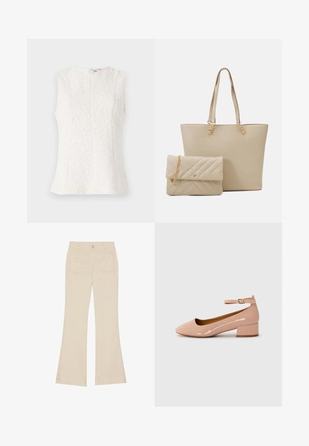 Top sin mangas blanco hecho de una tela texturizada con un patrón floral; presenta un cierre en la parte de atrás y un dobladillo ligeramente acampanado.; Pantalones acampanados beige de cintura alta, confeccionados en tejido de algodón. Cuentan con bolsillos delanteros y traseros, pasadores para cinturón y un solo botón plateado.; Zapatilla plana de charol rosa con punta redondeada, tira al tobillo y tacón bajo. Textura suave y diseño minimalista.; Bolso de mano beige con asas planas, textura suave y herrajes dorados, acompañado de un clutch acolchado a juego con una cadena.
