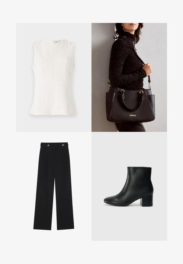 White sleeveless top made of textured fabric with floral pattern; features a back zipper and a slightly flared hem.; Black wide-leg trousers with high waist, button details on waistband, and front pleats.; Black leather ankle boots with a pointed toe and a chunky heel. Smooth texture with minimal accents and a sleek, fitted design.; Black handbag with textured surface, dual top handles, and adjustable shoulder strap. Features gold-tone hardware and side pockets.