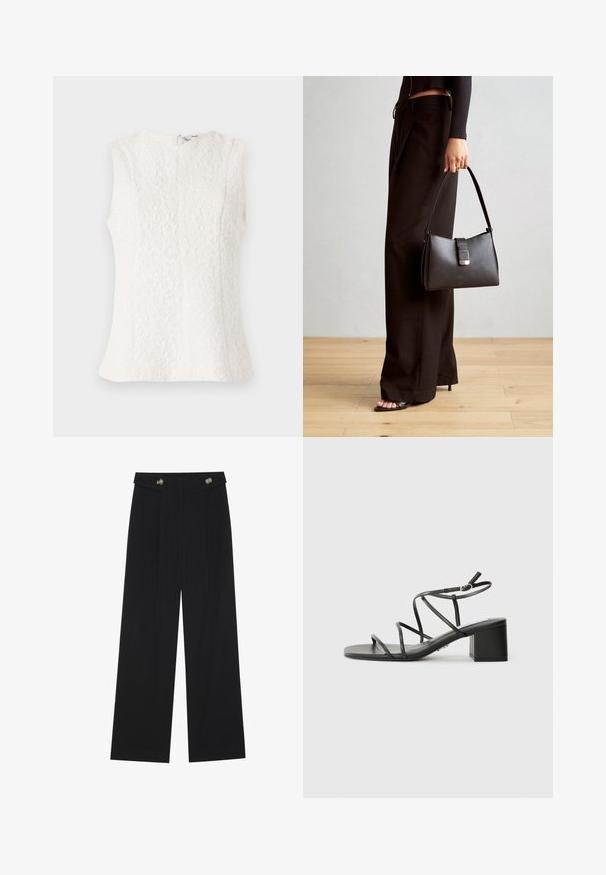 Hvid ærmeløs top lavet af struktureret stof med blomstermønster; har en lynlås i ryggen og en let udvidet kant.; Sorte vide bukser med høj talje, knapdetaljer på taljebåndet og frontfald.; Sorte remsandaler med firkantet tå og kraftig hæl, lavet af glat materiale. Har justerbare ankelremme og minimal hardware.; Sort håndtaske med struktureret form, glat overflade og metalspænde. Sammen med brede sorte bukser og sandaler med åben tå på trægulv.