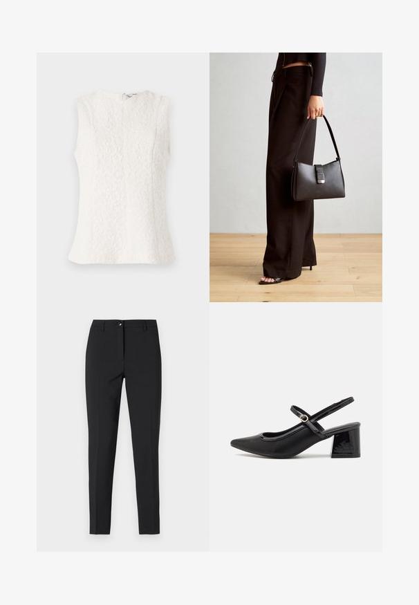 Valge ilma varrukateta top, millel on tekstuuriga kanga ja lillemuster; varustatud taga oleva tõmblukuga ja veidi laieneva alläärega.; Mustad sobivad püksid siledast kangast, klassikalise vöökoha, ees oleva lukuga ja küljetaskutega, millel on stiilne ja kohandatud disain.; Mustad läikivad nahast slingback-kõrged kontsad, millel on terav nina, ümar lõikekujundus ja blokknina. Omab kuldset nupu aktsenti.; Must musta kott, millel on struktureeritud kuju, sile tekstuur ja metallist klamber. Kombineeritud laiate mustade pükstega ja avatud varvaste sandaalidega puidust põrandal.