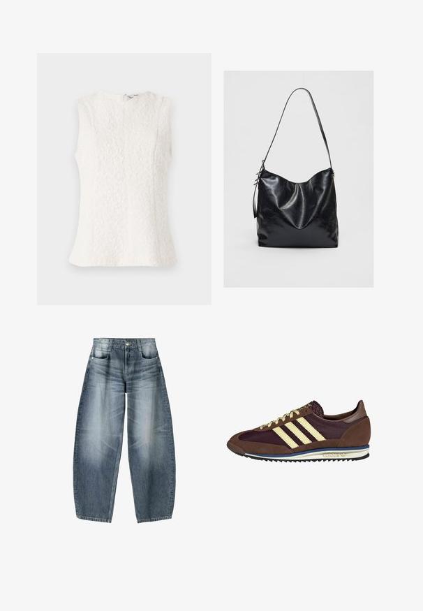 Weißes ärmelloses Oberteil aus strukturiertem Stoff mit Blumenmuster; hat einen Reißverschluss im Rücken und einen leicht ausgestellten Saum.; Weite Jeans aus hellblauem Denim mit Ausbleichungen, im fünf-Taschen-Design, mit Knopfverschluss und minimalen Nähtelementen.; Braune und burgunderfarbene Sneaker aus Wildleder und Mesh-Materialien, mit drei cremefarbenen Streifen, strukturiertem Stoff an der Zunge und einer Gummisohle.; Schwarze Leder-Schultertasche mit einer weichen, strukturierten Oberfläche. Sie hat ein geschwungenes Design und einen einzelnen verstellbaren Tragegurt. Kein zusätzliches Zubehör.