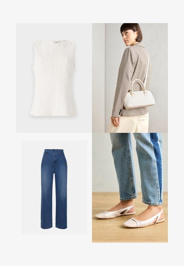 Hvid ærmeløs top lavet af struktureret stof med blomstermønster; har en lynlås i ryggen og en let udvidet kant.; Højtaljede denimjeans i mellemblå. Har frontknapdetaljer og bred benlængde. Stoffet har en glat tekstur med let falmning.; Lyserøde slingback flade sko med spidse tær, lavet af et glat læderlignende materiale. Har udskæringsdetaljer på siderne og en flad hæl.; Hvid struktureret taske med korte håndtag og en skulderrem, prydet med guldfarvede hardwaredetaljer og tekstureret materiale, præsenteret mod en grå baggrund.