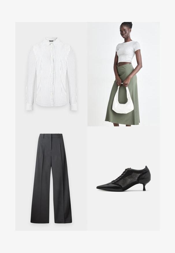 Camisa blanca de manga larga con botones, con finas rayas verticales negras y cuello puntiagudo.; Pantalones de pierna ancha en tejido gris oscuro, con una cintura alta, pliegues simples y una textura suave con un acabado limpio en los dobladillos.; Zapato negro de punta afilada con un diseño de panel de malla, que presenta un tacón bajo y cordones en la parte delantera. Está fabricado con una combinación de cuero y material de malla.; Top corto de canalé gris y falda de tiro alto verde oliva. La modelo sostiene un bolso de hombro blanco con detalles recortados. Diseño simple, silueta ajustada.