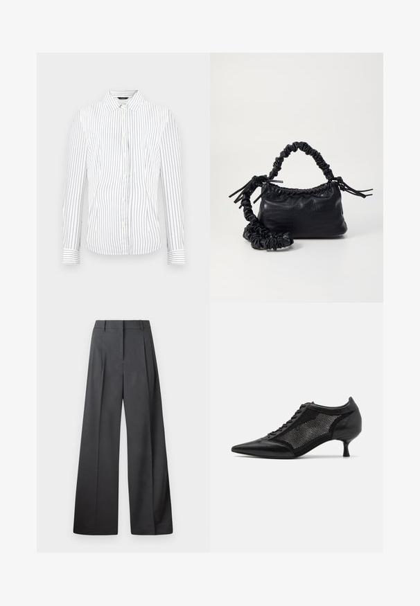 Camisa blanca de manga larga con botones, con finas rayas verticales negras y cuello puntiagudo.; Pantalones de pierna ancha en tejido gris oscuro, con una cintura alta, pliegues simples y una textura suave con un acabado limpio en los dobladillos.; Zapato negro de punta afilada con un diseño de panel de malla, que presenta un tacón bajo y cordones en la parte delantera. Está fabricado con una combinación de cuero y material de malla.; Bolso de mano de imitación cuero negro con textura de cocodrilo, parte superior fruncida y correa arrugada. Presenta un diseño suave y compacto.