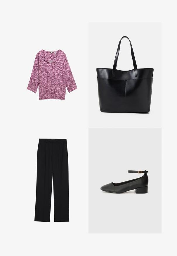 Lila Oberteil mit lockerer Passform, 3/4-Ärmeln und Schalkragen, der ein kleines Blattmuster in dunkleren Farbnuancen aufweist. Leichte Stoffqualität mit weicher Textur.; Schwarze Hose mit geradem Bein, ausgestattet mit zwei frontalen Taschen und einem Taillenbund. Hergestellt aus einem glatten, leichten Stoff.; Schwarze Lederpumps mit spitzem Zehenbereich und niedrigem Blockabsatz. Mit einem Knöchelriemen und einer goldfarbenen Schnalle. Glatte Textur.; Schwarze Leder-Shopper-Tasche mit zwei langen Griffen, einer glatten Textur und einer strukturierten Form. Verfügt über eine Vordertasche für zusätzlichen Stauraum.