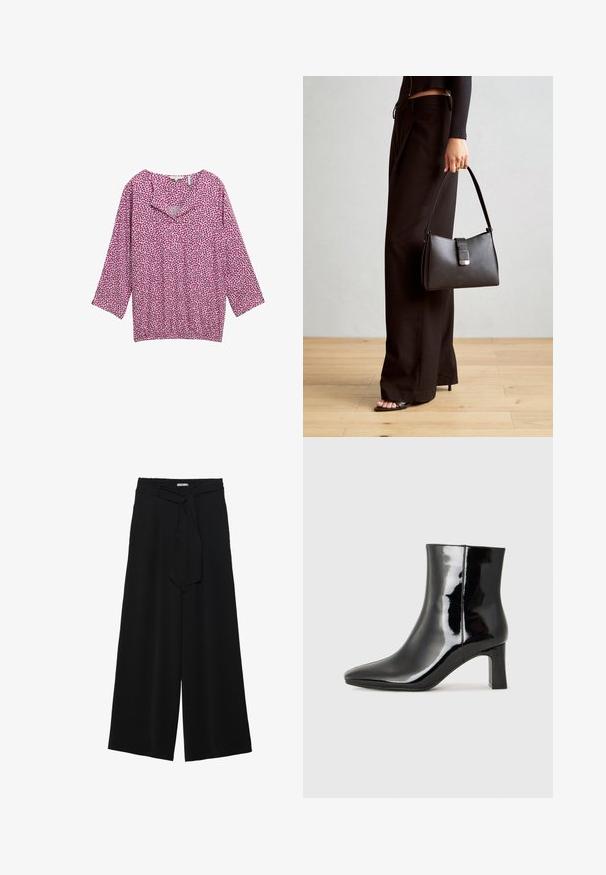 Lila Oberteil mit lockerer Passform, 3/4-Ärmeln und Schalkragen, der ein kleines Blattmuster in dunkleren Farbnuancen aufweist. Leichte Stoffqualität mit weicher Textur.; Schwarze weite Hosen aus strukturiertem Stoff, mit elastischem Bund und einem abnehmbaren Bindegürtel in der Taille für eine verstellbare Passform.; Schwarzer Lackleder-Stiefelette mit spitzer Zehe und einem mittelhohen Blockabsatz. Glatte Textur und minimalistisches Design.; Schwarze Handtasche mit strukturierter Form, glatter Textur und einem metallischen Verschluss. Kombiniert mit weiten schwarzen Hosen und offenen Sandalen auf einem Holzboden.