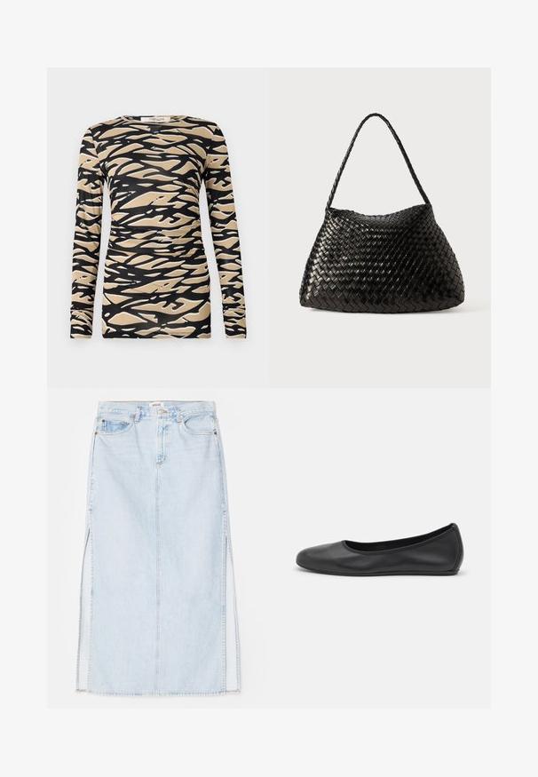 Long-sleeve top featuring a black and beige abstract wave pattern on a smooth, stretchy fabric. Fitted design with round neckline and slim sleeves.; Light blue denim maxi skirt with a straight cut, featuring side slits and five-pocket design. Prominent stitching and metal button closure.; Black leather ballet flat with a rounded toe, smooth texture, minimal stitching detail, and a flexible sole design.; Black woven leather handbag with a curved, soft shape and a single braided strap, featuring a smooth texture and an intricate pattern.