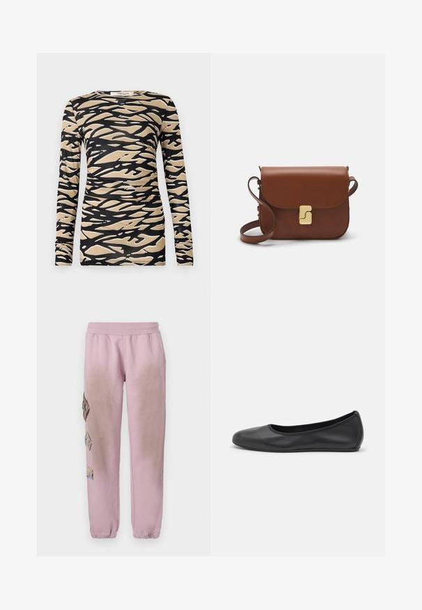 Długi rękaw bluzka z czarno-beżowym abstrakcyjnym wzorem fal na gładkim, elastycznym materiale. Dopasowany fason z okrągłym dekoltem i wąskimi rękawami.; Biała koszulka krótki rękaw wykonana z materiału prążkowanego. Okrągły dekolt, regularny krój i subtelne detale szwów. Bez wzorów ani grafik.; Różowe dresy z elastycznym pasem, zdobione dekoracyjnymi łatkami w kształcie diamentów po lewej stronie oraz elastycznymi mankietami na kostkach.; Czarne skórzane baletki z zaokrąglonym noskiem, gładką fakturą, minimalnymi przeszyciami i elastycznym designem podeszwy.; Brązowa skórzana torebka na ramię z klapką, złotymi detalami, paskiem na ramię i gładką teksturą. Kompaktowy prostokątny kształt.