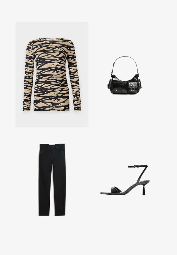 Dolga majica z dolgimi rokavi, ki ima črno-bež abstraktni valovit vzorec na gladkem, raztegljivem blagu. Prilegajoč dizajn z okroglim izrezom in ožjimi rokavi.; Črne jeans hlače s ravnim krojem, petimi žepi, kovinskim gumbom za zapiranje in subtilnimi šiviljskimi podrobnostmi. Gladka tekstura.; Bershka Sandali z visoko peto - black; Črna lakasta usnjena torbica s ukrivljeno obliko, enim ramenskim trakom, sprednjimi žepi in srebrnimi kovinskimi dodatki.