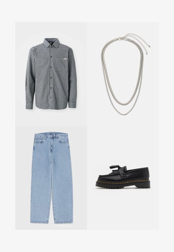 Langermet svart og hvit rutete skjorte med krage og lite logo-patch på venstre brystlomme.; Lyseblå denimjeans med rett ben-design, med mid-rise liv, fem lommer og knap og lynlås lukning.; Svart skinn loafers med en kvastdetalj, med en tjock svart sula och gul sömnad längs kanten. Texturerad yta.; Tre-lags sølvmetallkjede med elegante, fleksible kjeder med en svak glans, sikret med en krabbe-lås og justerbar kjede.