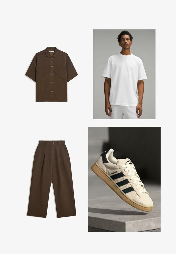 Koszula z krótkim rękawem, ciemnobrązowa, wykonana z fakturowanej tkaniny. Posiada zapięcie na guziki z przodu oraz dwie kieszenie na piersi. Casualowy design z luźnym krojem.; Biała bawełniana koszulka z krótkim rękawem, okrągłym dekoltem, luźny krój. Gładka tekstura, jednolity design, brak widocznych wzorów lub akcentów.; Brązowe spódnie z plisami w szerokim kroju, z zapięciem na guziki i bocznymi kieszeniami, wykonane z teksturowanej tkaniny, idealne na codzienne okazje.; Beżowe zamszowe sneakersy z trzema ciemnoniebieskimi paskami, białymi sznurówkami i brązową kauczukową podeszwą. Zawierają logo na języku oraz tekst "CAMPUS".