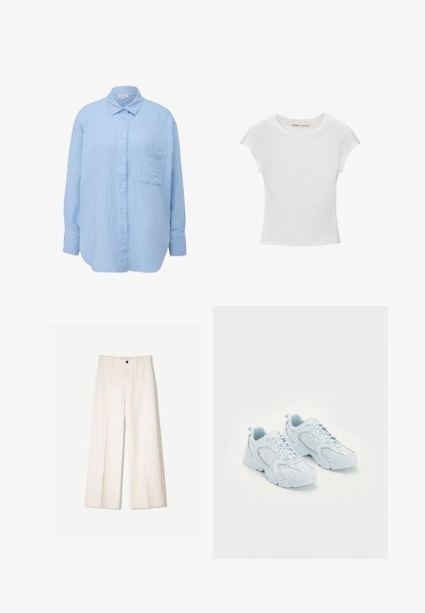 s.Oliver Hemdbluse - himmelblau; Weißes Baumwoll-T-Shirt mit rundem Ausschnitt, kurzen Ärmeln und tailliertem Schnitt. Glatte Textur ohne Muster oder Verzierungen.; Cremfarbene weitem Hosen mit maßgeschneidertem Design, ausgestattet mit zwei vorderen Taschen und einem vorderen Knopfverschluss, aus glattem Stoff gefertigt.; Hellblaue Sportschuhe mit einem Obermaterial aus Mesh und Synthetik, ausgestattet mit weißen Punkten und reflektierenden Akzenten, Schnürdesign und gepolsterten Sohlen.