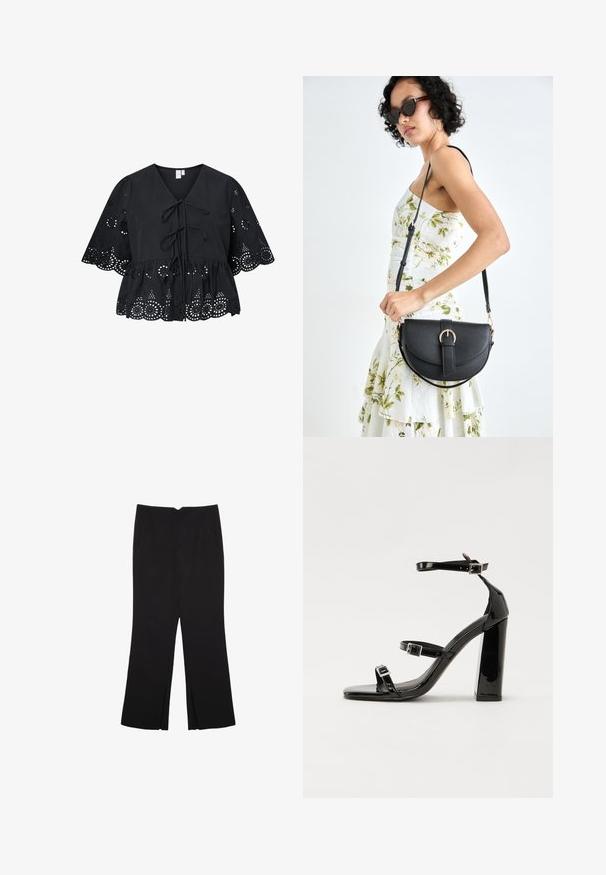 Mustaa puuvillablousea, jossa on V-pääntie, solmittava etuosa ja lyhyet, leveät hihat, joissa on brodeerattuja aukkoja ja aaltoileva helma.; Mustat housut suoralinjaisella leikkauksella, joissa on etutaskut ja sivurei'ät helman alla. Valmistettu pehmeästä ja sileästä kankaasta. Sopii eri tilaisuuksiin.; Musta kiiltäväpintainen korkokengät, joissa on kaksi solkikiinnitystä, neliönmuotoinen kärki ja paksu korko, sileällä, kiiltävällä pintarakenteella.; Musta nahkainen käsilaukku, joka on kaareva muotoilultaan, irrotettavalla hihnalla ja kultaisilla yksityiskohdilla. Laukussa on läppä, jossa on solk yksityiskohta.