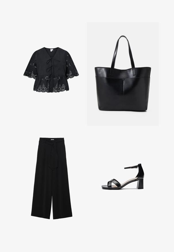 Blusa preta de algodão com decote em V, frente amarrada e mangas curtas e largas com bordados de designs recortados e bainha em formato de ondas.; Calças largas pretas com um tecido texturizado, uma cintura elástica e um laço destacável na cintura para um ajuste ajustável.; Sandália de salto alto preta, com ponta aberta, tiras cruzadas, tira de tornozelo ajustável e um salto robusto, apresentando uma textura de pele lisa.; Bolsa tote preta em couro com duas alças longas, textura suave e forma estruturada. Apresenta um bolso frontal para armazenamento adicional.