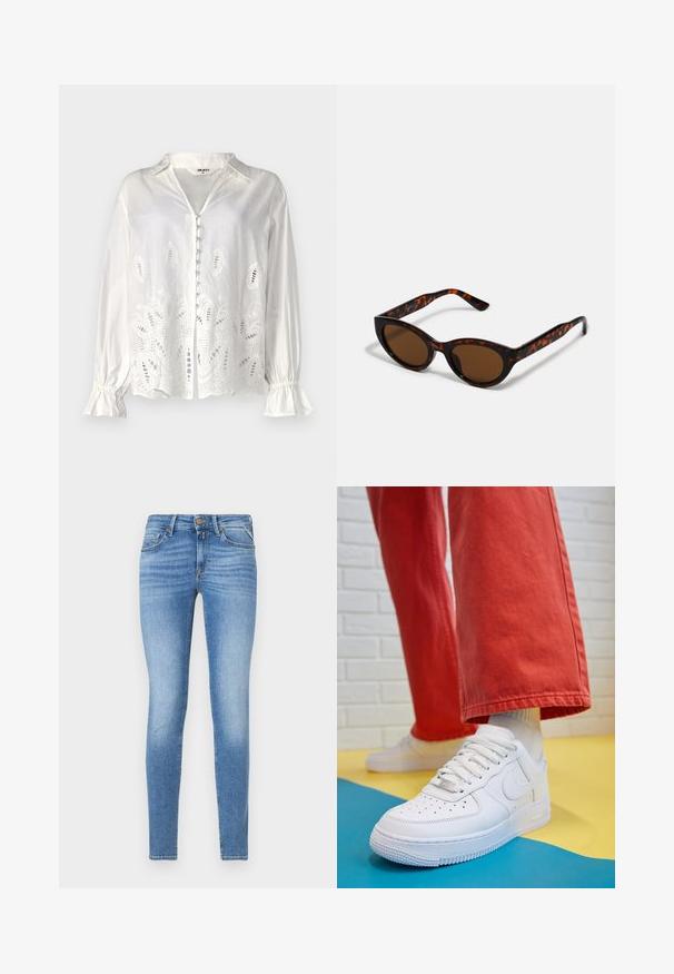 Object OBJEDITH - Nööpidega pluus - cloud dancer; Kitsas lõikega helesinised denim teksad keskmise kõrgusega vöökohaga, esise nupuga ning viie taskuga disainiga.; Valge nahast tennis, millel on perforeeritud varvas, tekstureeritud tallad ja valged shoelaces, kombineeritud laia punase pükste ja sinise ning kollase taustaga.; Pruunid kilpkonnamustriga päikeseprillid, mille vintage-kassikujuline kuju ja pruunid läätsed. Omavad kaardus varsi punaste aktsentidega.; Must värvi hobo kott, mis on valmistatud siledast nahataolisest materjalist, keeratud käepidemega, pehme ja ümar kuju ning ülemise tõmblukuga sulgur.; Kuldne rõngassõrmused sileda ja läikiva viimistlusega. Ringikujuline disain, millel on väike post ja selge tagumine külg, et tagada kindel kandmine.