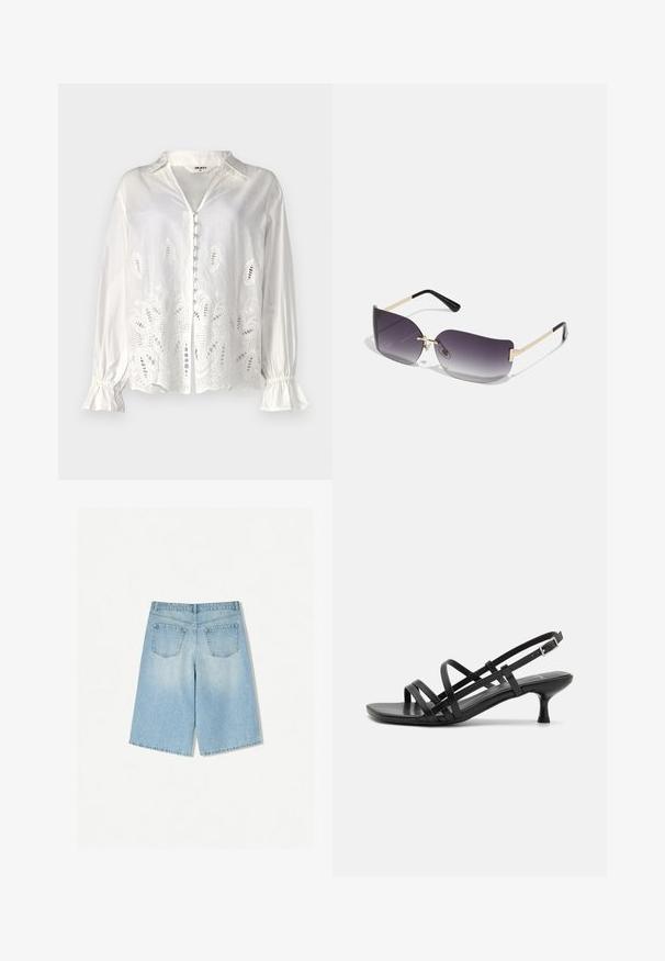 Object OBJEDITH - Button-down blouse - cloud dancer; Light blue denim shorts with a relaxed fit, featuring two back pockets and a straight leg design. Clean hem and soft texture.; Black heeled sandals with multiple crisscross straps. Smooth material, pointed toe, and narrow heel. Adjustable ankle strap with buckle.; Sunglasses with a gray gradient lens, gold metal frame, and black plastic accents. Unique butterfly-shaped lenses with thin arms.; Gold hoop earrings, four pieces, smooth finish, rounded design, varying sizes, featuring a hinged clasp for easy wear.