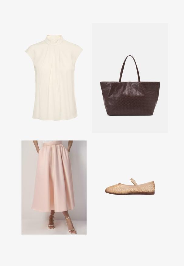 Blusa sin mangas en color crema con un cuello alto, que presenta pliegues en la parte delantera, textura suave y un corte relajado.; Falda larga de color rosa pálido con una cintura fruncida, que presenta bolsillos laterales y una textura suave. Se lleva con sandalias blancas con tiras.; Bailarinas beige con un patrón trenzado, fabricadas en material flexible. Cuentan con una suela plana y una correa en el tobillo discreta para un ajuste seguro.; Bolso tote de cuero trenzado marrón con dos asas, de forma estructurada y superficie texturizada, con un patrón de diamantes en todo su diseño.
