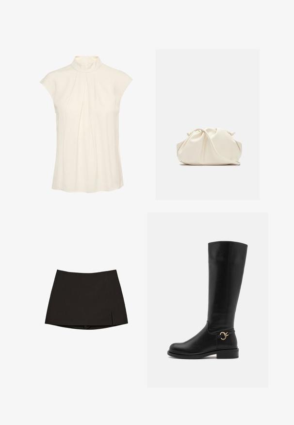 Ärmellose Bluse in Creme mit hohem Kragen, verziert mit Falten an der Vorderseite, glatter Textur und lässiger Passform.; Schwarzer Minirock aus glattem Stoff, mit geradem Schnitt, Seitenschlitzen und sauberem Saum. Einfach und vielseitig.; Anna Field Wide Fit Stiefel - black; Cremfarbener, weicher Kunstlederbeutel mit gerafftem Design, verstellbarem Schultergurt und subtiler Kordelzug-Verschluss. Glatte Textur und runde Form.