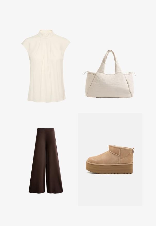 Blusa senza maniche color crema con collo alto, caratterizzata da pieghe sulla parte frontale, texture morbida e vestibilità rilassata.; Pantaloni larghi marroni realizzati in tessuto morbido, dotati di vita alta, texture sottile e una silhouette fluida senza chiusure o decorazioni visibili.; Stivaletti alla caviglia in suede beige con un interno morbido, dotati di suola platform e di una linguetta sul retro per una facile indossabilità. Suola in gomma texturizzata.; Borsa a tote beige trapuntata con due manici, forma arrotondata, tessuto testurizzato e tasca laterale con coulisse. Finitura liscia, design minimale.