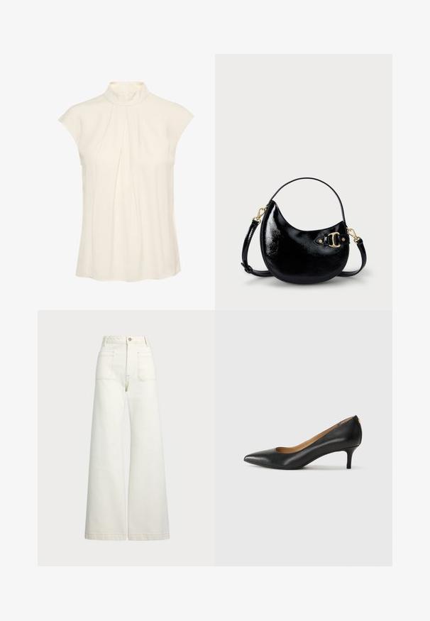 Ærmeløs bluse i creme med høj hals, med plisseringer foran, glat tekstur og en afslappet pasform.; Pæne brede jeans i off-white denim. Høj talje med knaplukning, to forlommer og detaljer med kontrastsyning.; Sorte læderpumper med spids tå, lav hæl og en glat tekstur. Har en let åbning foran og minimal hardware bagpå.; Sort patenteret lædertaske med en buet form, justerbar rem og detaljer i guldtonet metal på siden. Glat, skinnende overflade.