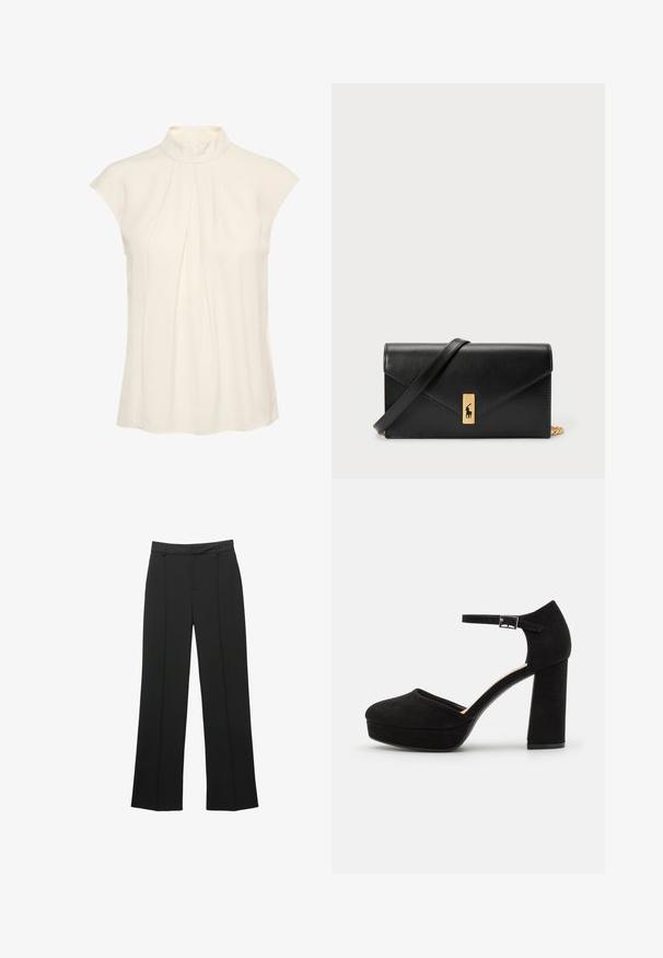 Ujjatlan blúz krém színben, magas nyakkivágással, elöl plisszírozással, sima textúrával és laza szabással.; Fekete egyenes szabású nadrág, sima anyagból készült, sík elejű, övbújtatókkal, látható zsebek nélkül, szabott fazonban.; Fekete velúr platform sarkú cipők vastag, blokksarkúval, lekerekített orral és fémcsattal rögzített bokapánttal. Simább textúrájú egész terjedelemben.; Fekete bőr pénztárca hajtható fedéllel, aranyszínű kiegészítőkkel, logóval díszítve. Levehető pánttal a könnyű hordozás érdekében.