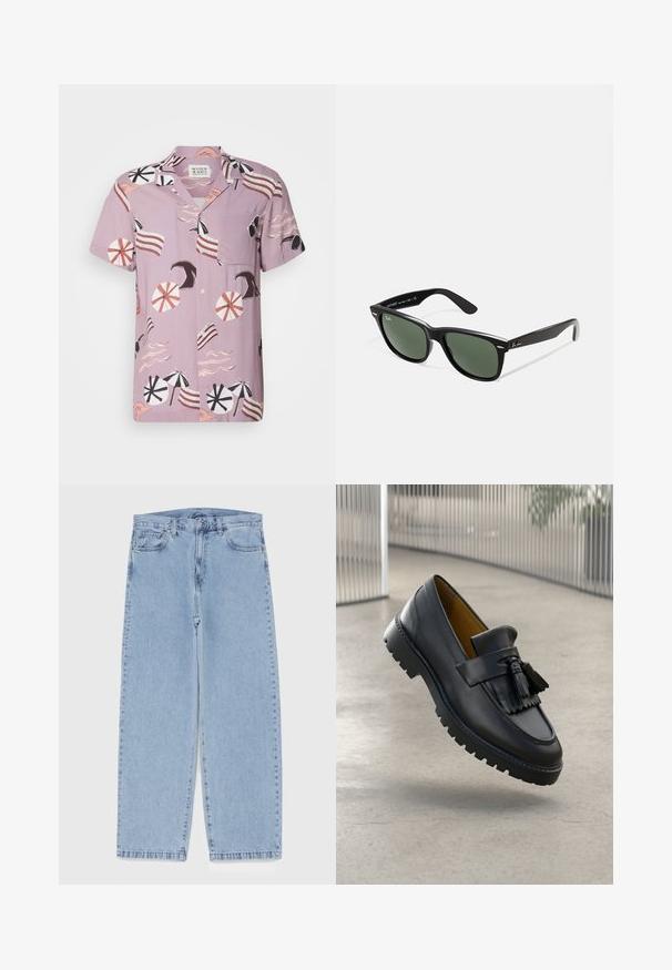 Kurzärmliges, lilanes Hemd mit einem strandmotivierten Druck, der Regenschirme, Wellen und gestreifte Akzente zeigt. Mit einer Brusttasche und Knopfverschluss.; Hellblaue Jeans aus Denim mit geradem Bein, ausgestattet mit einer mittelhohen Taille, fünf Taschen sowie einem Knopf- und Reißverschluss.; Schwarzer Lederloafer mit Quastenverzierung, glatter Oberfläche und Gummisohle mit Profilrillen. Innenfutter in kontrastierendem Braun.; Schwarze Plastiksonnenbrille mit grünen Gläsern, quadratischen Rahmen, silbernem Akzent auf der Augenbraue und strukturierten Bügeln. Angegebene Marke auf dem inneren Bügel.