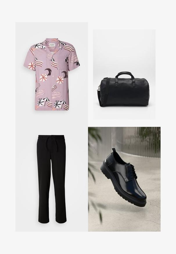 Korte mouwen, lavendel shirt met een strandthemaafdruk van parasols, golven en gestreepte accenten. Bevat een borstzak en een knoopsluiting aan de voorkant.; Zwarte joggingbroek met een elastische tailleband en trekkoord, gemaakt van zachte, rekbare stof. Heeft een relaxte pasvorm met rechte pijpen en geen zichtbare zakken.; Zwarte leren schoen met een glanzende afwerking, ronde neus, vetersluiting, contrasterende stiksels en een dikke rubberen zool met profielpatronen.; Zwarte duffelbag gemaakt van textuursynthetisch materiaal. Beschikt over twee handvaten en een verstelbare schouderband. Eenvoudig ontwerp zonder zichtbare patronen.
