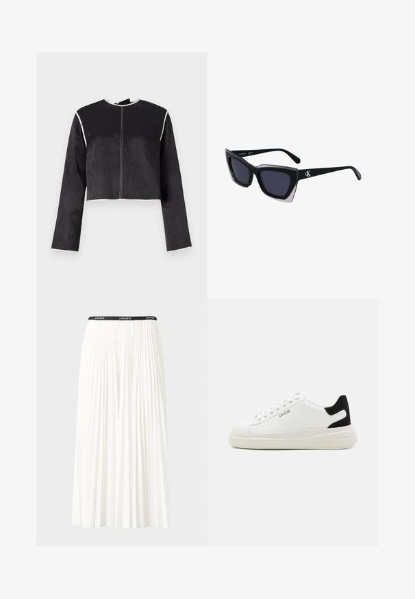 Top nero in satin tagliato, con maniche lunghe, piping bianco lungo il collo e le maniche, e una cucitura centrale sul davanti.; T-shirt bianca in cotone con un logo grafico rotondo caratterizzato da un motivo animalier in nero e grigio. Maniche corte e vestibilità rilassata.; Gonna bianca plissettata con elastico nero in vita che presenta il logo "LACOSTE". Design di lunghezza media con texture morbida.; Sneaker bianchi in pelle con suola spessa bianca, accento in suede nero sul tallone e logo impresso sul lato. Design con lacci e sei fori per i lacci.; Occhiali da sole oversize neri dalla forma geometrica, con lenti scure e un dettaglio grigio a contrasto sulla montatura. Logo sul braccio.