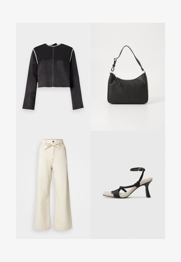 Afkortet sort satin top med lange ærmer, hvid piping langs halsudskæringen og ærmerne samt en central søm ned langs forsiden.; Cremefarvede brede bukser lavet af denim, med høj talje, sløjfedetalje foran og kontrastsyninger.; Sorte hælede sandal med flettet remdesign, firkantet tå og justerbar ankelrem. Lys beige fodseng med en blank sort hæl.; Sort læderhåndtaske med en buet form, en enkelt rem, lynlås lukning og diskret branding på forsiden. Glat tekstur, minimalistisk design.