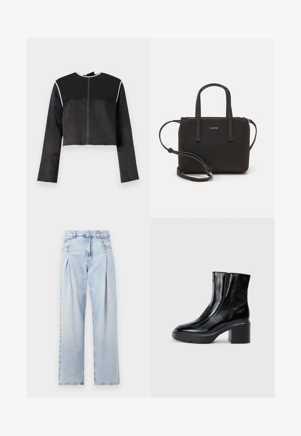 Geknipte zwarte satijnen top met lange mouwen, witte bies langs de halslijn en mouwen, en een centrale naad aan de voorkant.; Lichtblauwe denim jeans met een hoge taille, wijde pijpen, twee zijzakken en geplooid ontwerp. Zachte textuur met een vervaagd uiterlijk.; Zwarte gepatenteerde leren enkellaarsjes met een gebogen neus, elastische zijpanelen en een chunky blokhak. Voorzien van een reliëflogo aan de achterkant.; Zwarte handtas met dubbele korte handvatten en een afneembare schouderriem. Glad, leerachtig materiaal met een ritssluiting en logo-detail.