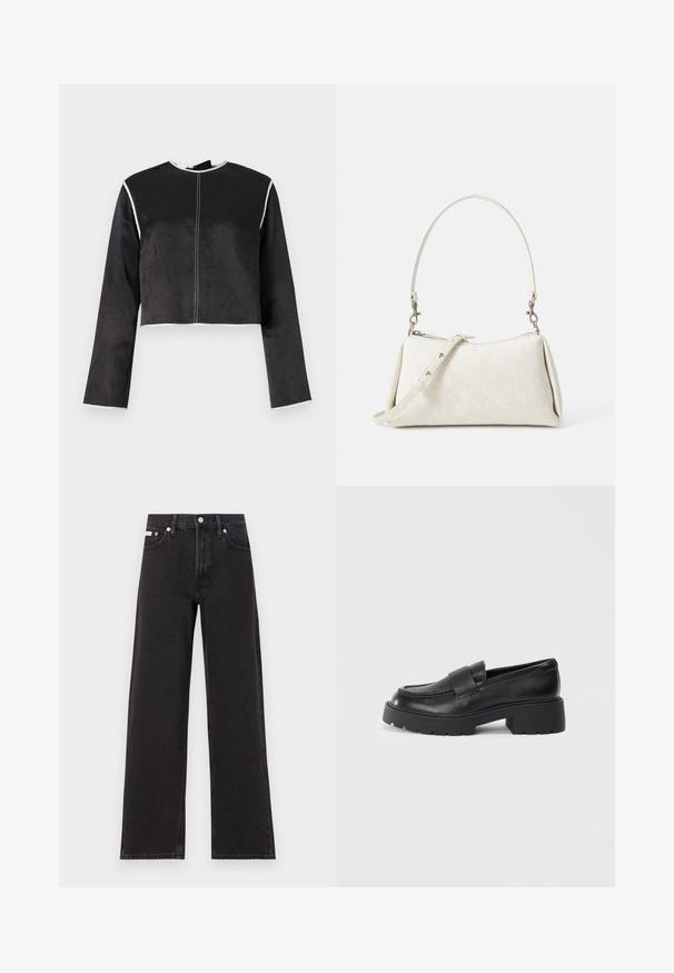 Top nero in satin tagliato, con maniche lunghe, piping bianco lungo il collo e le maniche, e una cucitura centrale sul davanti.; Jeans neri a gamba larga in denim, con vita alta, styling a cinque tasche e chiusura con bottone metallico e cuciture a contrasto.; Mocassini in pelle nera con finitura testurizzata, caratterizzati da una fascia rettangolare sulla parte anteriore e un design di suola spessa e scanalata.; Borsa bianca con texture liscia, silhouette curva e tracolla regolabile. Presenta un sottile motivo con logo e accenti in metallo argentato.