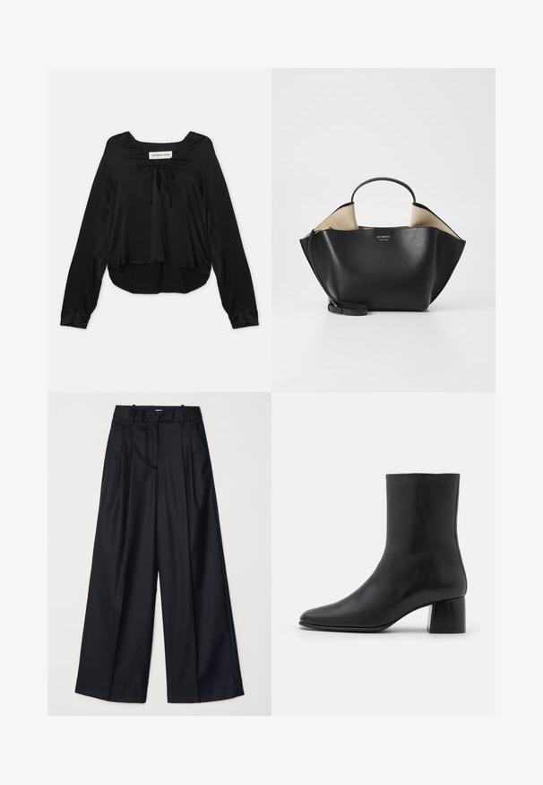 Zwarte lange mouwen top van gladde stof met een ronde halslijn en een decoratieve strik, ontspannen pasvorm en een afgeronde zoom.; Zwarte wijde broek van soepel materiaal, met een hoge taille, plooien en een getailleerd ontwerp. Eenvoudige zwarte details bij de taille.; Zwarte leren enkelboot met een spitse neus en een chunky vierkante hak. Glad oppervlak met een naadloos ontwerp en minimalistische stiksels.; Ree Projects ANN TOTE MINI - Handtas - black