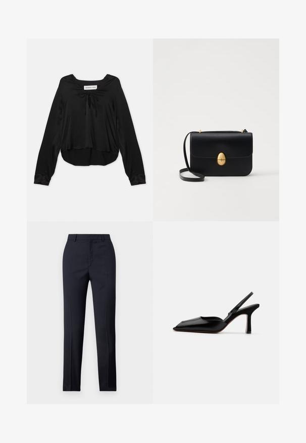 Juodas ilgomis rankovėmis viršus, pagamintas iš lygaus audinio, turi apvalų iškirpimą su dekoratyviu raišteliu, laisvas kirpimas ir išlenktas apvadas.; Jūriniai pritaikyti kelnes su tiesiu kirpimu, turinčios lygų paviršių, dvi priekinės kišenės ir švarus liemuo.; Juodas odinis slingback kulnas su smailiu nosiu, minimalizmo stilius, plonas kulkšnies dirželis ir elegantiškas stiletto kulnas. Lygus paviršius.; Juodas odinis rankinukas su struktūrine stačiakampio forma. Yra auksinė ovali sagtis ir plona petneša. Glotni tekstūra.