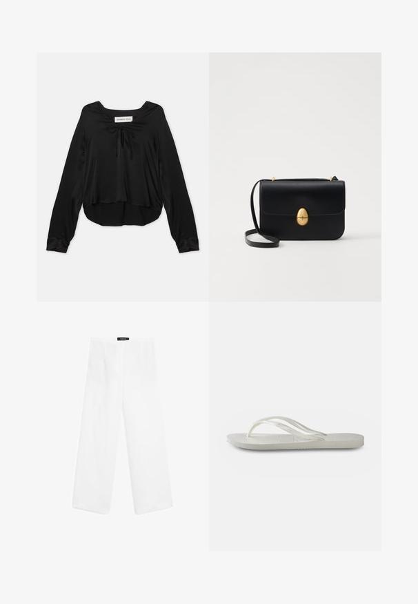 Zwarte lange mouwen top van gladde stof met een ronde halslijn en een decoratieve strik, ontspannen pasvorm en een afgeronde zoom.; Witte linnen wijde broek met een gladde structuur, voorzien van een medium taille, twee voorzakken en een eenvoudig ontwerp.; Witte flip-flops met een gestructureerde zool, featuring dunne bandjes en een vlak ontwerp. Gemaakt van rubber met een subtiel logo op de voetbed.; Zwarte leren handtas met een gestructureerde rechthoekige vorm. Voorzien van een gouden ovale sluiting en een dunne schouderband. Glad van textuur.