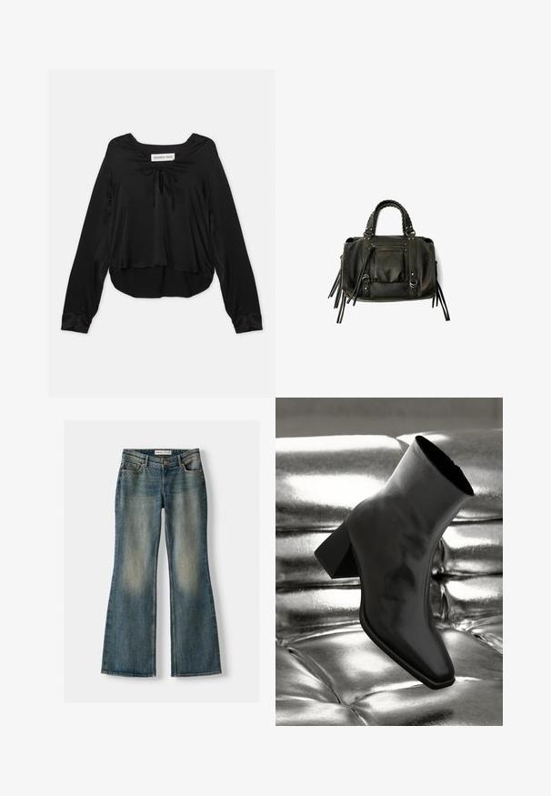 Črna majica z dolgimi rokavi iz gladkega materiala, ki ima okroglo izrezano vratno linijo z dekorativno zanko, sproščen kroj in ukrivljen rob.; Modre razširjene kavbojke z zbledelim pranjem, petimi žepi in gumbom za zapiranje. Material ima teksturo džinsa z diskretnimi šivi.; Črne gležnjarje iz sijočega materiala s kvadratnim prstom in zoženim peto, postavljene na sijoče srebrno oblazinjeno ozadje.; Črna usnjena torba s pletenimi ročaji, žepom na zadrgo in visečimi resicami. Teksturična površina z kovinskimi okrasnimi studenčki in dodatki iz kovine.