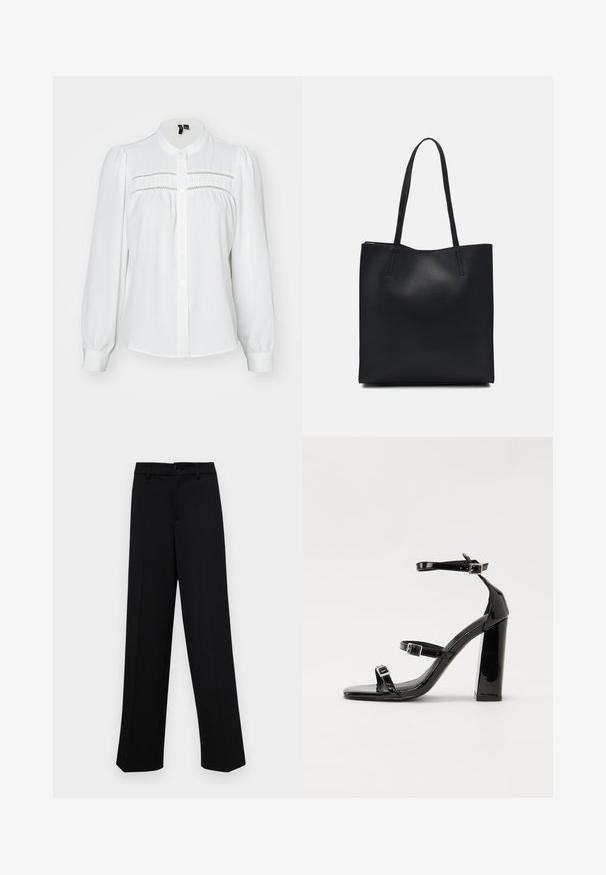 Bluză albă cu mâneci lungi tip puff, guler rotund, închidere cu nasturi în față și cusături decorative pe piept. Material moale, texturat.; Pantaloni negri cu croi larg, dintr-un material neted, având un talie clasică cu închidere prin buton și plisuri frontale.; Sandale cu toc din patent negru, cu vârf pătrat, curele la gleznă și catarame din argint. Dispune de un toc gros pentru stabilitate.; Geantă tote neagră din piele, cu textură netedă, formă rectangulară și două mânere lungi. Fără hardware vizibil sau ornamente.