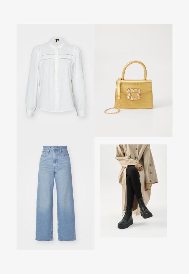 Balta bluzelė su ilgomis pūtimo rankovėmis, apvaliu atlapu, priekiniais mygtukais ir dekoratyvinėmis siuvinėjimo detalėmis per krūtinę. Minkšta, tekstūruota medžiaga.; Šviesiai mėlynos aukšto liemens plačios kojos džinsai su priekiniais užtrauktukais ir sagom, priekinėmis ir galinėmis kišenėmis, ant baltos fono.; Juodi odiniai auliniai batai iki kulkšnių su raištelių detalėmis, pakelta platforma, ir faktūrinės juodos kelnės, derinamos su šviesiai smėlinės spalvos paltu.; Geltonas dirbtinės krokodilo odos rankinukas su standžiu dizainu, viršutine rankena, nuimamu grandininiu dirželiu ir dekoratyviniu krištolo papuošimu ant užsegimo.