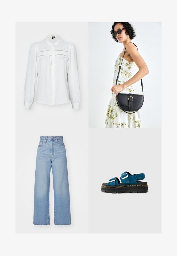 Hvid bluse med lange pufærmer, rund krave, frontlukning med knapper og dekorativ syning over brystet. Blød, tekstureret stof.; Lyseblå højtaljede bukser med bred benåbning, med frontknap og lynlås, samt for- og baglommer, på en hvid baggrund.; Blå ruskindsandaler med to justerbare stropper og sølvhardware, der har en tyk sort platformssål med gule stikninger.; Sort læderhåndtaske med en buet form, aftagelig rem og guldfinish. Tasken har en klap med en spænde detalje.