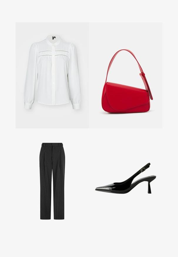 White blouse with long puff sleeves, rounded collar, front button closure, and decorative stitching across the chest. Soft, textured fabric.; Black pinstripe trousers with a high waist, pleated front, and a straight leg design. Fabric appears textured and tailored for a formal look.; Black patent leather slingback pump with a pointed toe, cutout sides, adjustable ankle strap, and a thin, sleek heel.; Red leather handbag with an angular, geometric design. Features a single adjustable strap and a flap closure with stitched detailing.