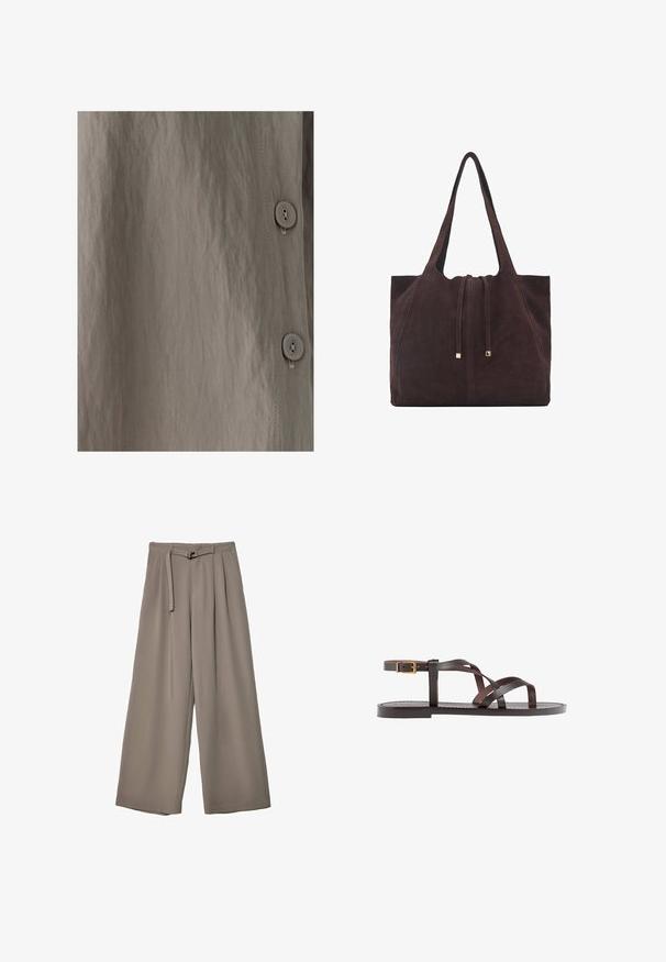 Košeľa na gombíky s textúrovanou, svetlohnedou tkaninou s jemným leskom. Hladký povrch, vertikálne švy a okrúhle gombíky sú viditeľné.; Široké nohavice v jemnej, tlmenej šedej tkanine, s opaskom v pase a vreckami pre dodatočný dizajnový detail. Hladký povrch, bez vzorov.; Hnedé kožené sandály s krížovými popruhmi, uzatváraním na pracku okolo členku a plochou podrážkou s minimálnymi ševmi.; Mango Veľká kabelka - dark brown