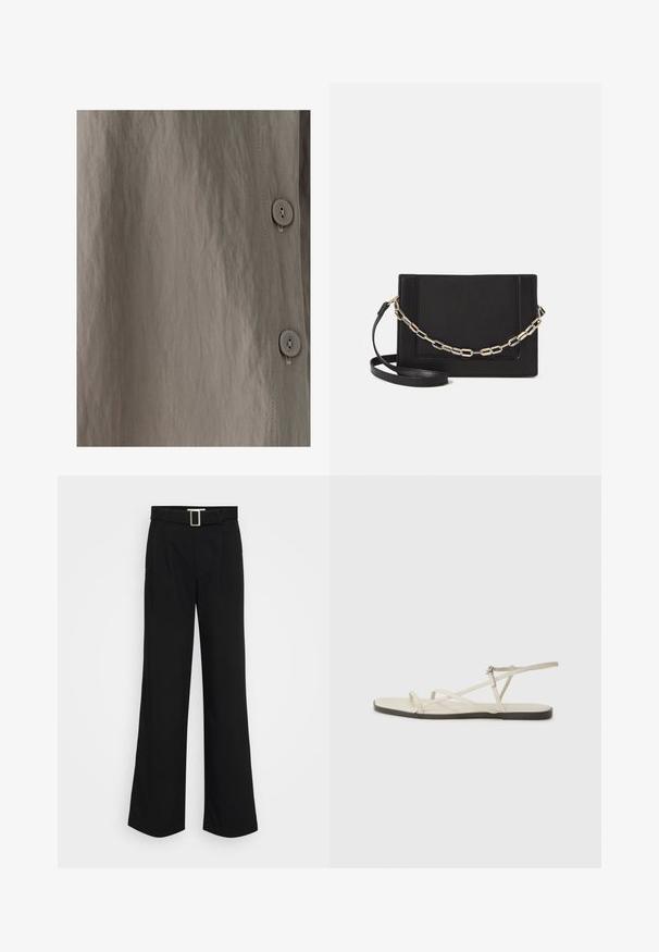 Srajca s gumbi, narejena iz teksturiranega, svetlo rjavega blaga z rahlim leskom. Vidna je gladka tekstura, navpične šive in okrogli gumbi.; Črne široke hlače iz lahkega materiala, ki se ponašajo z gladko teksturo, sprednjimi gubami in pasom s kvadratno kovinsko zaponko.; Beige ravne sandale z več tankimi trakovi in nastavljivim zaponcem. Podplat je raven z rahlo temnim kontrastom na robu.; Črna usnjena torba čez ramo z gladko teksturo, pravokotno obliko in kovinskim verižnim detajlom spredaj. Vključena je nastavljiva naramnica.