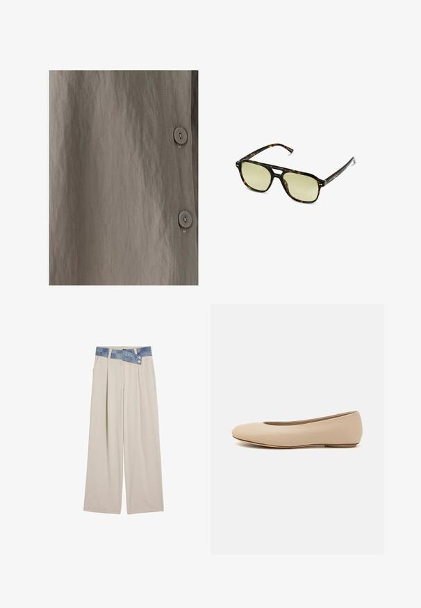 Košile na knoflíky vyrobená z texturované světle hnědé látky s jemným leskem. Viditelná hladká textura, vertikální švy a kulaté knoflíky.; Světlé béžové kalhoty s širokým střihem a denimo páskem, který má dva knoflíky a skladby na přední části. Hladká textura a uvolněný střih.; Béžové kožené baletní byty s kulatou špičkou, minimálním prošíváním, nízkým podpatkem a decentním logem na zadní straně. Hladký, matný povrch.; Brýle ve stylu želvoviny s obdélníkovým tvarem, zelenými skly a vzorovanými acetátovými rámy. Obsahují kovové akcenty poblíž skel.