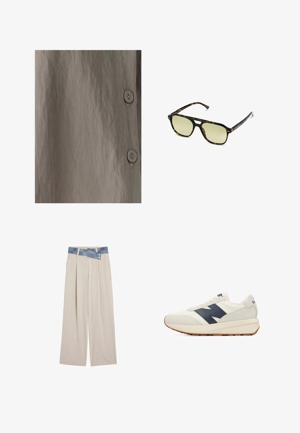 Knappet skjorte i et tekstureret, lysebrunt stof med en subtil glans. Glat overflade, lodrette sømme og runde knapper er synlige.; Lys beige vidde bukser med en denimlivrem, der har to knapper og plisserede frontdetaljer. Glat tekstur og afslappet pasform.; Herresneakers i creme og marineblå, med en overdel i ruskind og mesh, gummisål og et fremtrædende marineblå "N"-logo på siden.; Skildpaddemønstrede solbriller med rektangulær form, grønfarvede linser og mønstrede acetatstel. Har metaldetaljer nær linserne.