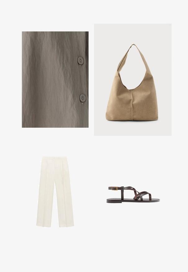 Hemd mit Knöpfen aus einem strukturierten, hellbraunen Stoff mit dezentem Glanz. Glatte Textur, vertikale Nähte und runde Knöpfe sind sichtbar.; Weit geschnittene Hosen in einem hellen cremefarbenen Farbton. Hergestellt aus einem glatten Stoff mit Falten an der Vorderseite und seitlichen Taschen.; Braune Leder-Sandale mit überkreuzten Riemen, einem Knöchelriemen mit Schnalle und einer flachen Sohle mit minimalen Nähdetails.; Hobo-Tasche aus weichem beigen Wildleder mit einer lässigen Form, breitem Schulterriemen und einer handgestickten Nahtdetail entlang der Vorderseite.