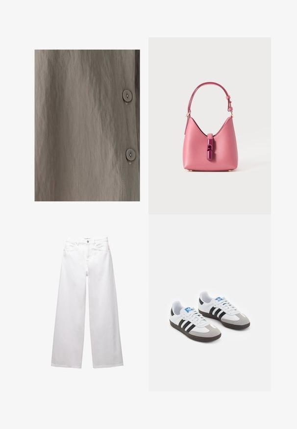Srajca s gumbi, narejena iz teksturiranega, svetlo rjavega blaga z rahlim leskom. Vidna je gladka tekstura, navpične šive in okrogli gumbi.; Bele široke jeans hlače iz denima. Imajo gumbasto zapiranje, sprednje in zadnje žepe ter šivane šive. Gladka tekstura z minimalnimi detajli.; Športni čevlji z belim usnjenim zgornjim delom, sivim semišem na prstih in tremi črnimi črtami. Imajo modro logo na jeziku in teksturiran gumijast podplat.; Roza usnjena torbica z strukturirano obliko, ki ima sijoč zapirni mehanizem in en sam nastavljiv ročaj. Teksturna površina z zlatimi dodatki.